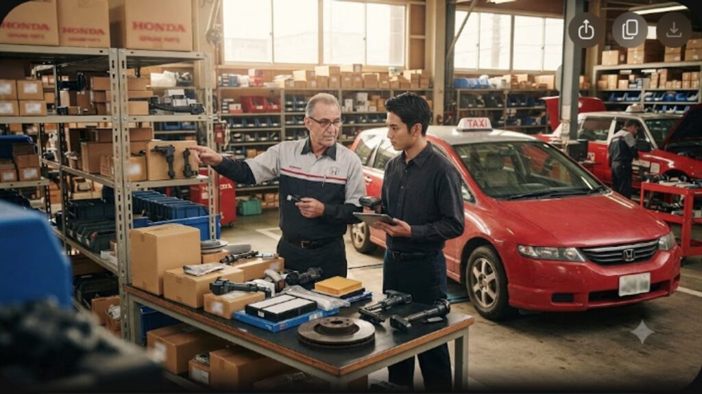 Набор оригинальных запчастей Honda для такси на рабочем столе в современном сервисном центре